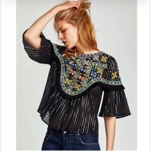Zara boho metallic striped‎ fringe embroidered blouse size small